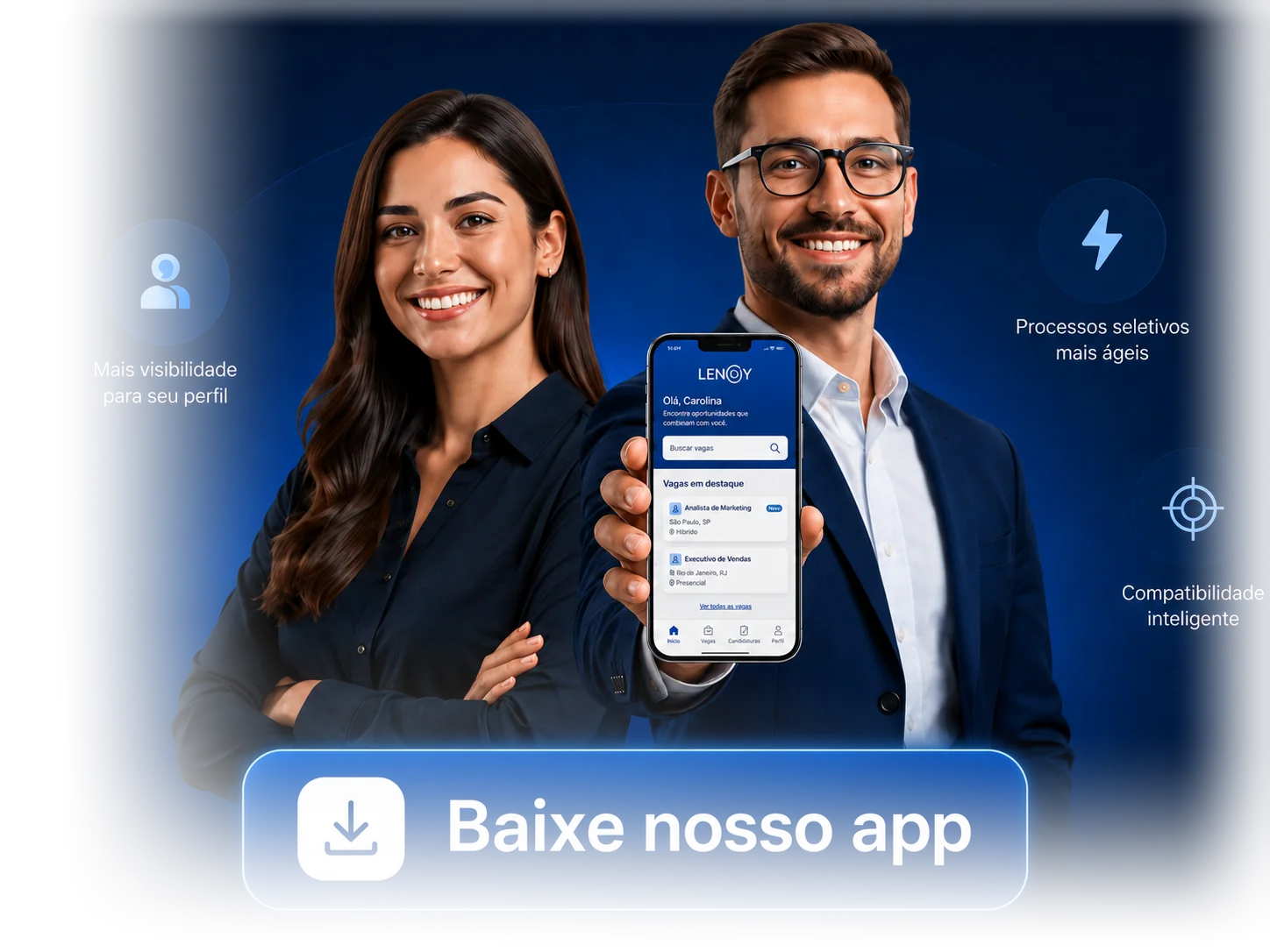 Profissionais apresentando o aplicativo LENOY